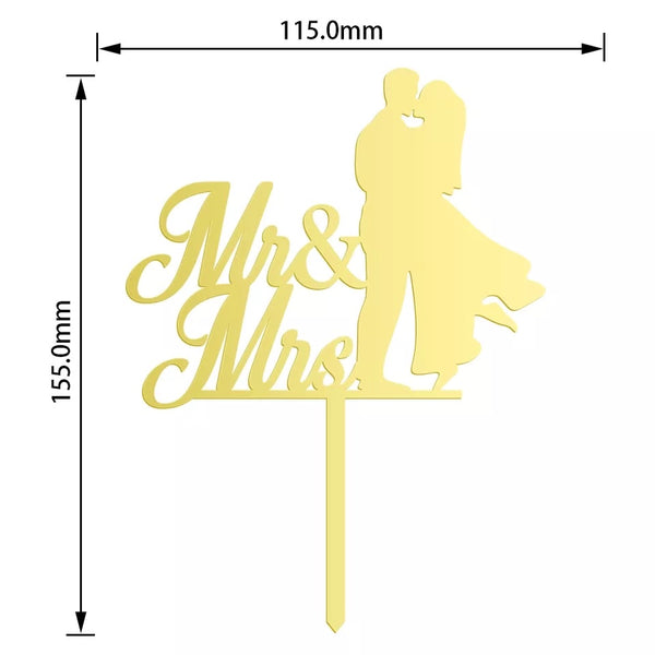 Cake topper/tårtdekoration brudpar Mr & Mrs guld till bröllopstårta