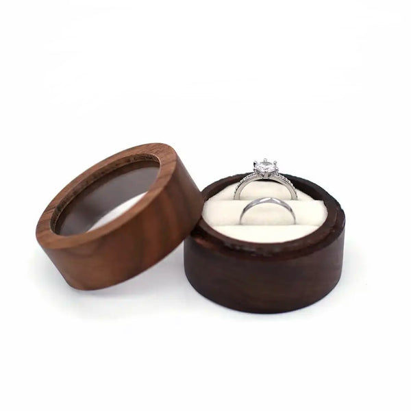 Ringask rund elegant trä två ringar (dubbel ringbox)