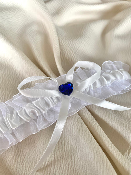 Strumpeband vit organza med blått hjärta, onesize