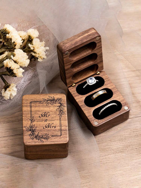 Ringask elegant trä tre ringar (trippel ringbox) Mr & Mrs