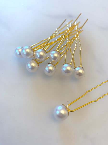 10 st hårnålar guld med pärlor 10 mm
