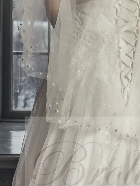 Poncho i tyll med pärlor & stenar, ivory onesize