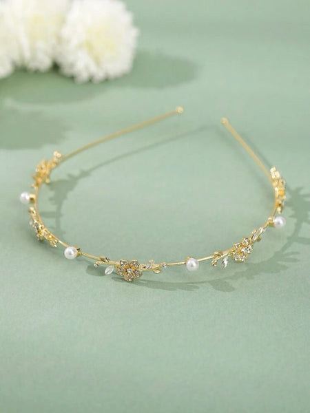 Diadem guld med pärlor & blommor