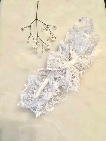Strumpeband vit organza & rosett, onesize