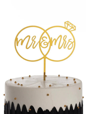 Cake topper/tårtdekoration ringar Mr & Mrs guld till bröllopstårta