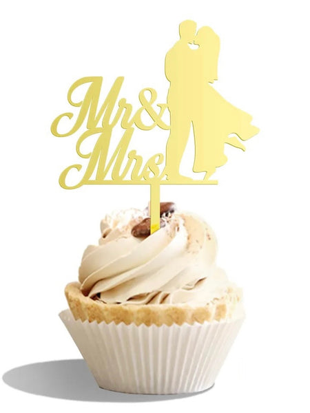 Cupcake/muffins-dekoration brudpar Mr & Mrs guld till bröllopstårta