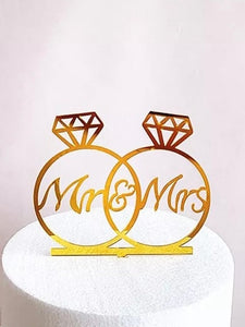 Cake topper/tårtdekoration ringar Mr & Mrs guld till bröllopstårta