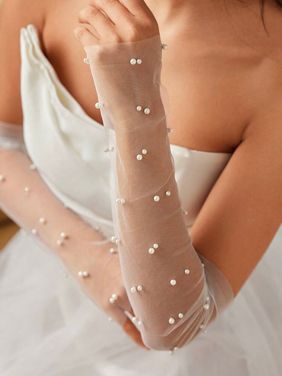 Handskar ivory med pärlor onesize (brudhandskar)