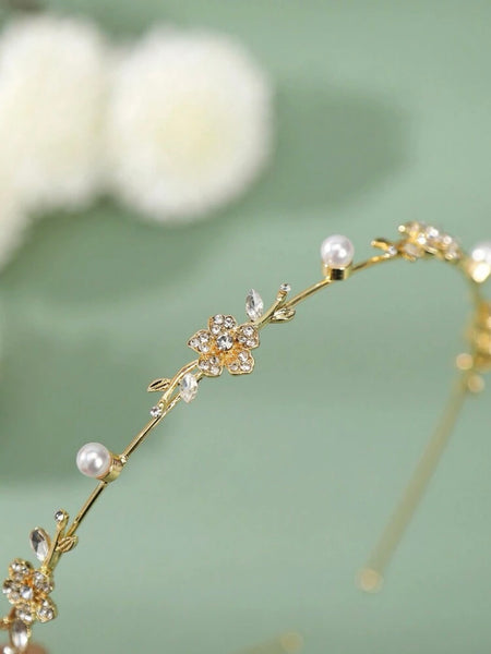 Diadem guld med pärlor & blommor