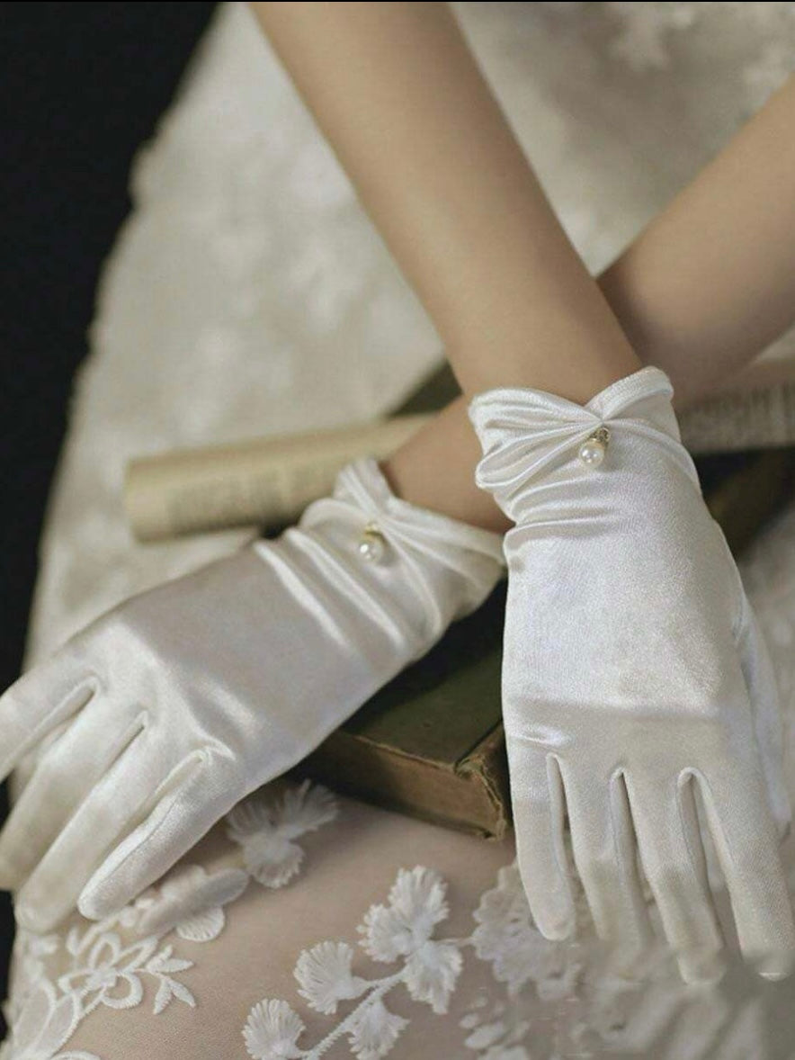 Handskar vit satin pärla (brudhandskar)