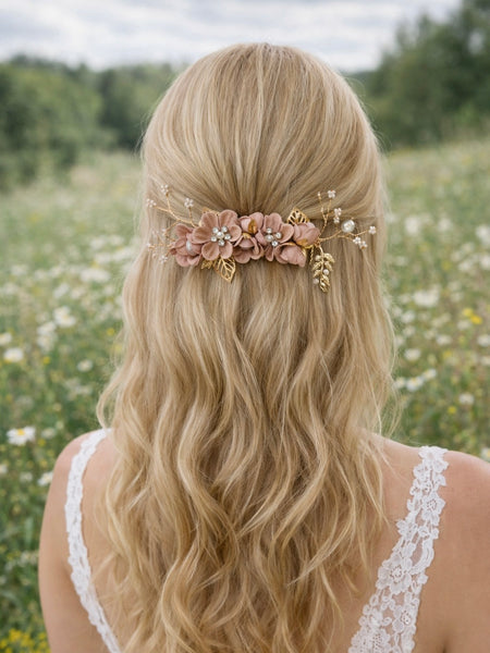 Hårkam med blommor & pärlor puderrosa stor