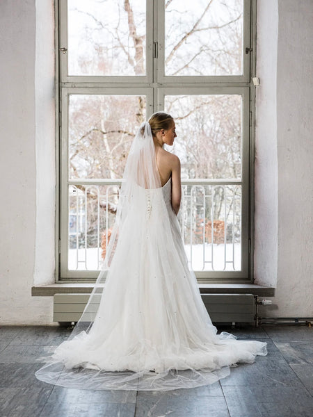 Brudslöja tyll med stenar, 250 cm ivory (benvit)