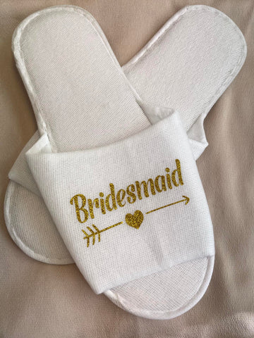 Hotelltofflor ”Bridesmaid” vit & guldglitter öppen tå