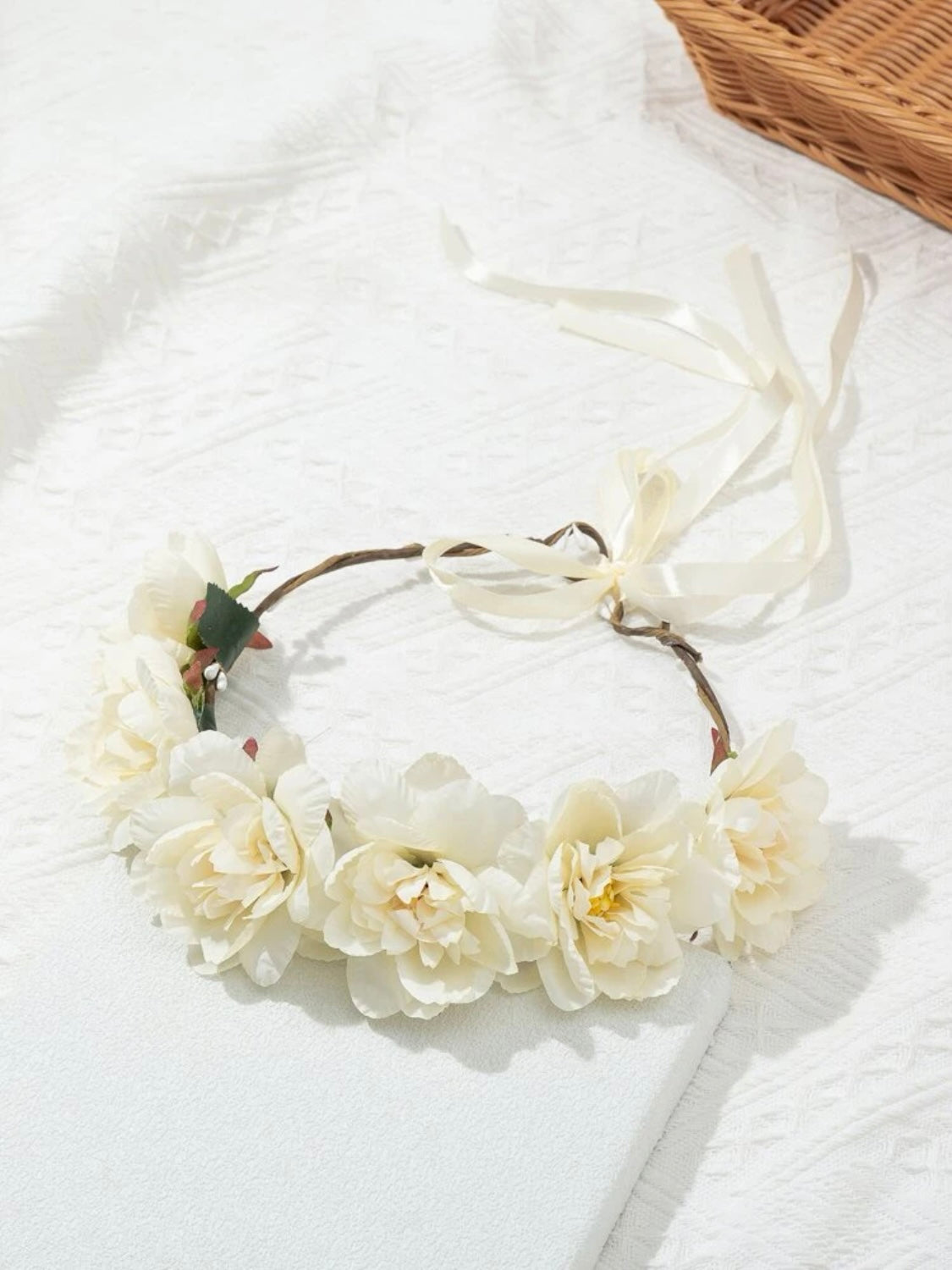 Hårband med blommor & blad, satinband
