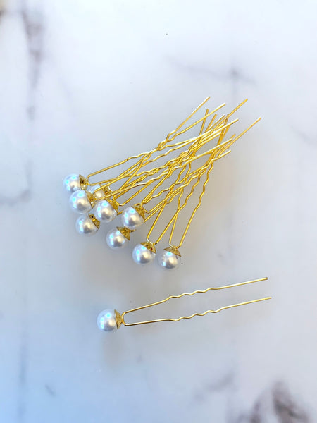 10 st hårnålar guld med pärlor 8 mm